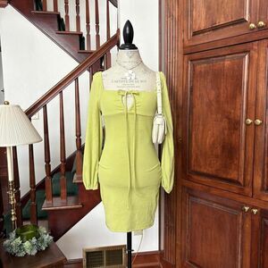 Long Sleeve Bodycon Bright Green Mini Dress Stretchy Tie Front Bow
